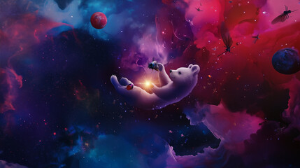 Fototapeta premium Polar Bear Holding Stars Floating in a Dreamy Nebula Surrounded by Mystical Creatures