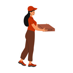 A delivery person carrying a pizza box in a casual setting during the day