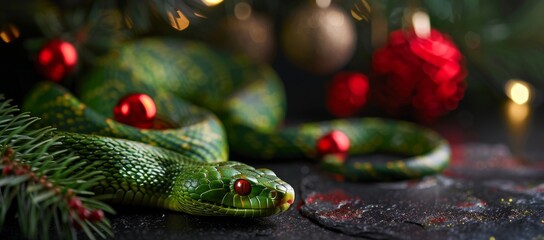 A vibrant green snake elegantly coiled amidst festive new year decorations. the scene features shiny red and gold ornaments, enhanced by the rich texture of pine branches, conveying a holiday ambiance