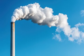 Smoke billowing from a factory chimney against a clear blue sky.