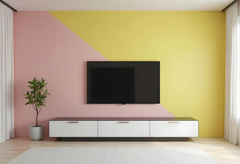 TV wide screen on the TV stand in modern living room. 3d illustration
