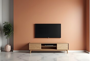 TV wide screen on the TV stand in modern living room. 3d illustration
