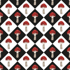 Fly agaric mushroom on black and white squares. Endless texture. Print for home textile, greeting card, scrapbook paper, wrapping paper.