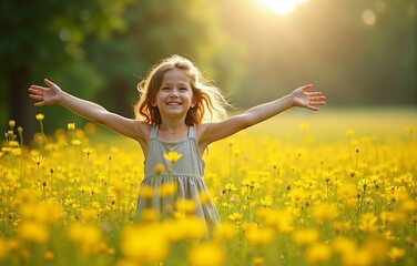 Naklejka premium Smiling Child Playing Joyfully in a Beautiful Yellow Flower Field: A Moment of Freedom and Happiness in Nature