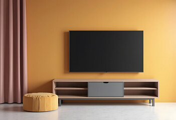 TV wide screen on the TV stand in modern living room. 3d illustration
