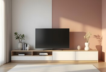 TV wide screen on the TV stand in modern living room. 3d illustration

