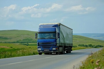 A blue truck travels along a scenic highway surrounded by lush green hills on a sunny day