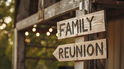 Wooden sign with "family reunion" text on rustic structure with warm bokeh lights