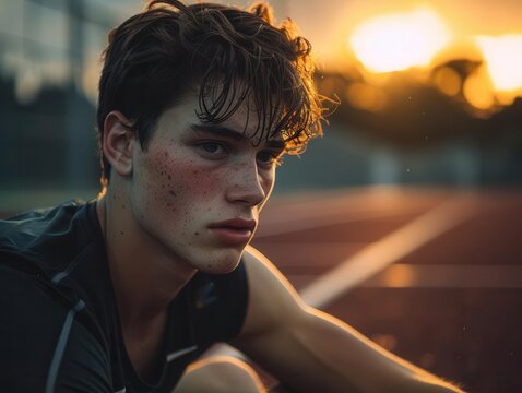 Athlete with throbbing injury, excluded from team, sitting alone on track, dusk light, dramatic shadows, low angle, sense of meaninglessness