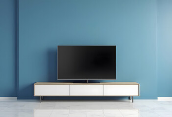 Fototapeta premium TV wide screen on the TV stand in modern living room. 3d illustration 