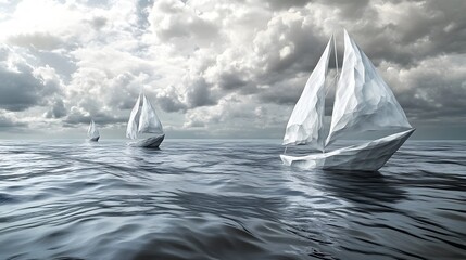 A 2D drawn body of water with 3D boats sailing through it blending styles effectively