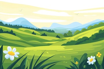Fototapeta premium A serene landscape of rolling green hills and blooming daisies at dawn in a vibrant valley