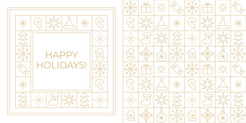 Gold line Christmas greeting card and seamless pattern. Geometric Christmas New Year linear frame, icon grid background.
