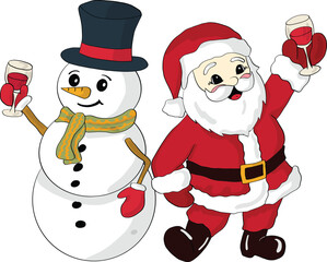 Santa Claus and the cheerful snowman drinking red wine. Art & Illustration