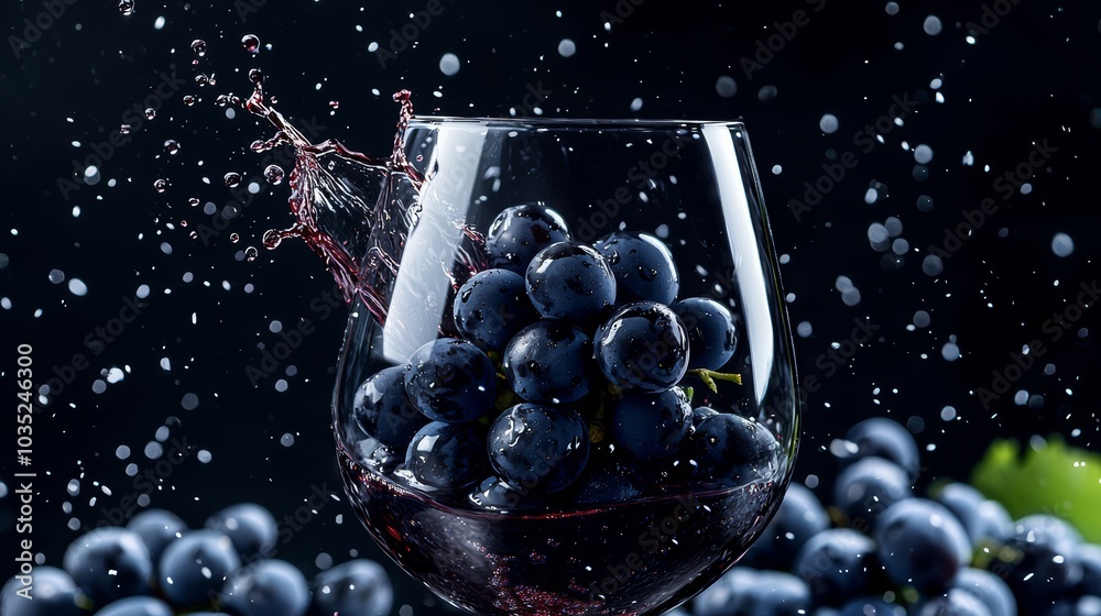 Wall mural A bunch of dark grapes turning into red wine inside a glass, as a splash of wine flies in the air in slow motion, symbolizing the fusion of fruit and drink.