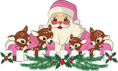 Pink Santa and his cute reindeer. Art & Illustration