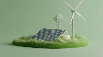 3D illustration of grass with a solar panel and windmill, on a green background, in a minimalistic style with simple shapes and a green color palette