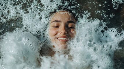 Fototapeta premium Portrait of beaming woman rubbing body with foam while standing under steam of water. Copy space