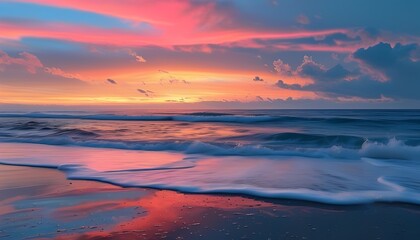 Fototapeta premium Quiet Twilight at the Beach with Soft Waves and Colorful Skies