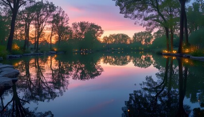 Twilight over a Calm Pond Surrounded by Trees and Reflected in Still Waters