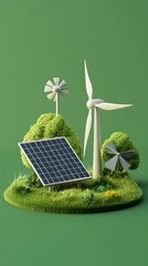 3D illustration of grass with a solar panel and windmill, on a green background, in a minimalistic style with simple shapes and a green color palette