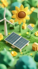 3D illustration of grass with a solar panel and windmill, on a green background, in a minimalistic style with simple shapes and a green color palette