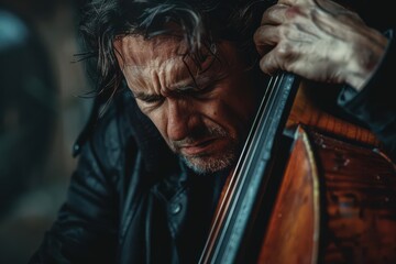Musician with throbbing hand, sudden ache, clutching instrument, dimly lit stage, distressed expression, spotlight, dramatic shadows