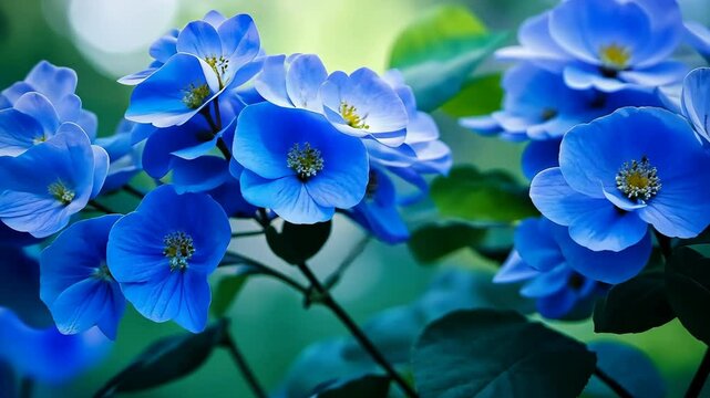 A close up of blue flowers with a green background. The flowers are in full bloom and the colors are vibrant. Scene is peaceful and serene, as the flowers are a symbol of beauty and tranquility