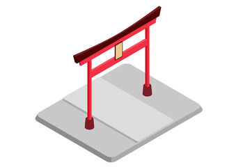 神聖な神社の境内、参道の入口に建つ赤い鳥居（アイソメトリックスな立体的イラスト素材、透過PNG版）