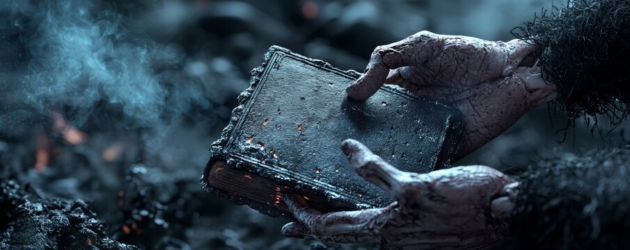 A dark and eerie scene of a skeleton gripping an old, cursed book with burned edges, as an ominous mist swirls around its bony hands.