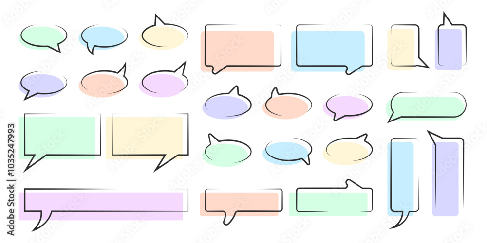 Wall mural set of speech bubbles. graphic design elements for text and messages, black outline text boxes and c