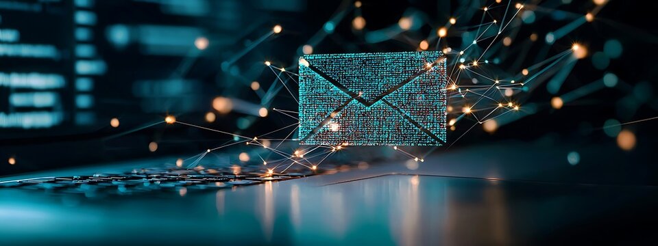 A stunning digital representation of email communication, showcasing an envelope integrated with technology elements and glowing connections against a dark background.