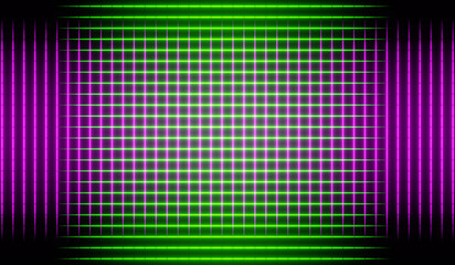 Illuminated horizontal and vertical lines in pink and green neon light. Symmetrical pattern, in a row, single lines, neon lighting, abstract, background, glowing.