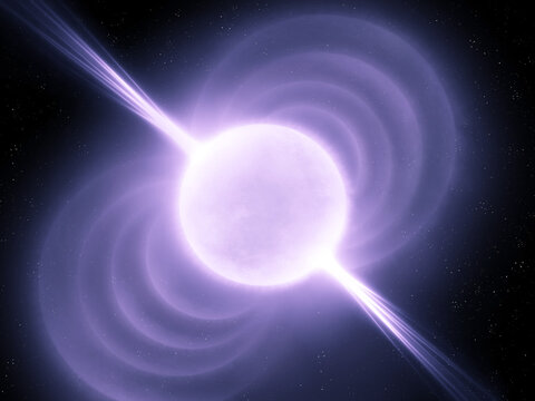 Pulsar star in space. Spinning neutron star isolated on black background. Dwarf star with a magnetic field.
