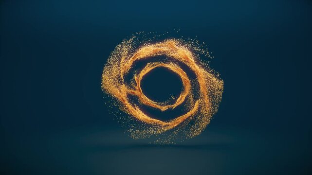 The golden sand particles form the shape of a spiral, with light and shadow effects on a dark blue background. Loop-ready.