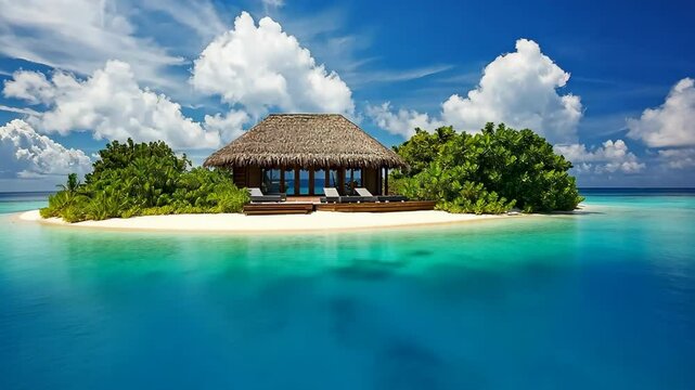 A small island with a hut on it and a body of water in the background. The hut is surrounded by trees and the water is calm
