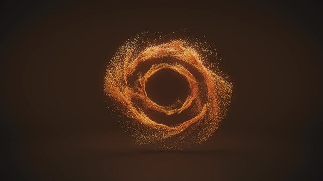 The golden sand particles form the shape of a spiral, with light and shadow effects on a dark yellow background. Loop-ready.
