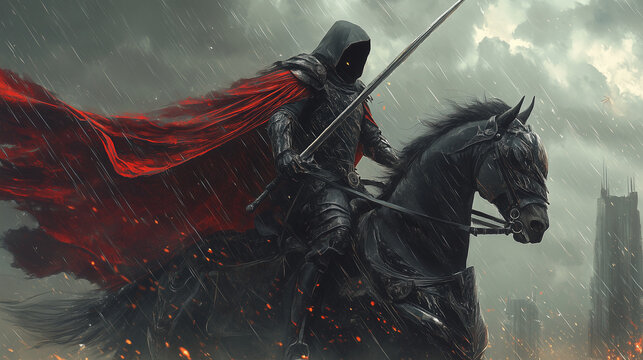 A mysterious, armored figure rides a black horse through a storm, wielding a sword and draped in a flowing red cape