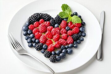 Fresh berries arranged in a heart shape on a clean white plate, symbolizing heart health.
