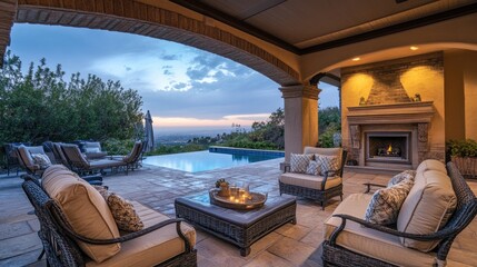 Obraz premium A luxurious patio with stylish outdoor furniture, a fireplace, and a pool view, representing a dream home for affluent buyers