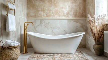 A modern bathroom with marble tiles, a freestanding bathtub, and gold fixtures, exuding sophistication and high-end real estate value