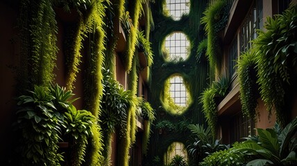 Lush green plants cover the walls and balconies of a modern building, creating a natural and inviting indoor space.