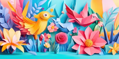 Obraz premium Paper birds and flowers in a colorful scene.