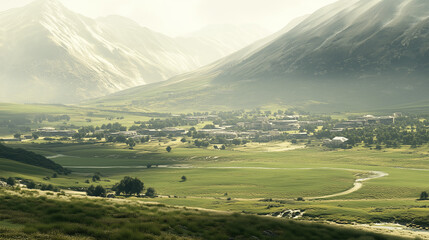 Obraz premium Idyllic mountain valley with a small village nestled between lush green hills and towering peaks under soft sunlight