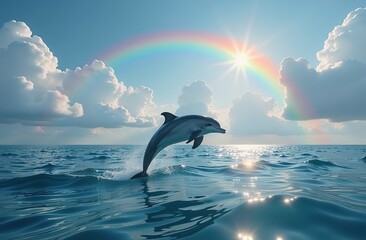 Fototapeta premium A stunning image captures a playful dolphin leaping from the water as it basks beneath a vibrant rainbow in the sky The tranquil clouds above create