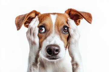 A brown and white dog sitting with its head in its paws, expressing sadness or concern