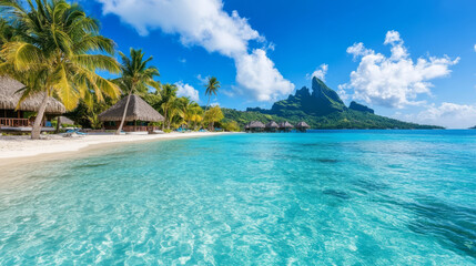 A beautiful travel destination with tropical beaches, palm trees, and crystal-clear water. Include a luxury resort in the background, showcasing paradise.