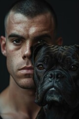A man holds a dog in his arms, showing affection and care