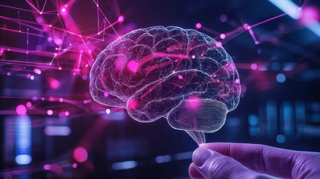A hand presenting a floating digital brain, with bright neural links and light particles connecting it to a complex data network in the background. - Powered by Adobe