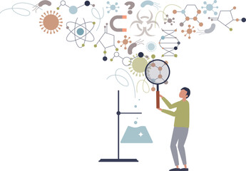 Boy explores molecules, atoms, bacteria, and DNA with a magnifying glass from a chemical flask.
